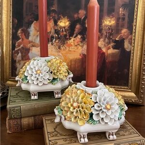Set of 2 Vintage Capodimonte Candle Holders; made in Italy.